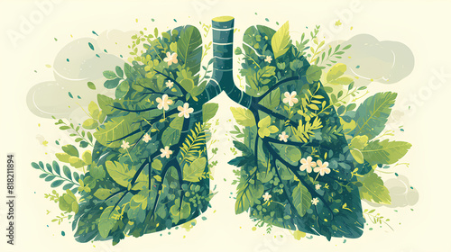 An illustration of lungs consisting of green plants, trees and flowers.