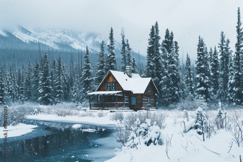 A peaceful cabin during snowfall, A cozy cabin nestled in the middle of a snowy forest, AI-generated A peaceful cabin during snowfall, A cozy cabin nestled in the middle of a snowy forest, AI-generated