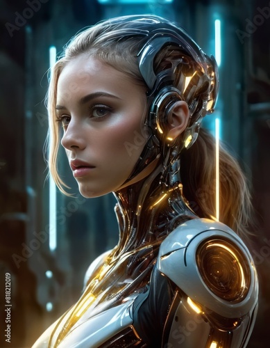 Close-up portrait of a cybernetic woman with reflective gold and silver armor, set in a futuristic environment.