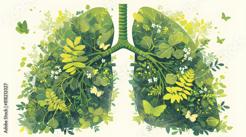 An illustration of lungs consisting of green plants, trees and flowers.