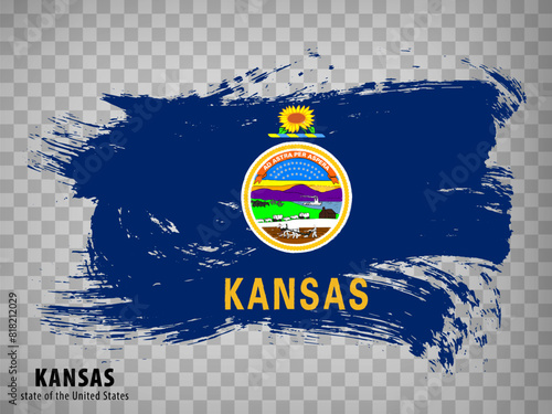 Flag of Kansas State from brush strokes. United States of America.  Waving Flag State of Kansas with title on transparent background for your web site design, app, UI. USA. Vector illustration. EPS10. photo