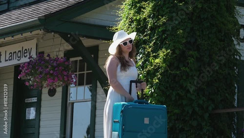 Huge green suitcase. girl stands at the train station waiting for the train travel trip white clothes dress hat CN Fort Langley photo