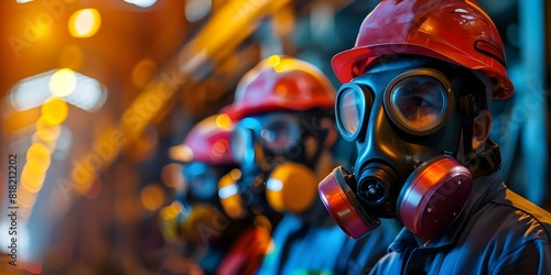 Technicians in gas masks evaluate toxic spills in industrial warehouses. Concept Industrial Warehouse Safety, Hazardous Spills, Gas Mask Protocols, Emergency Response Team, Technician Evaluations photo