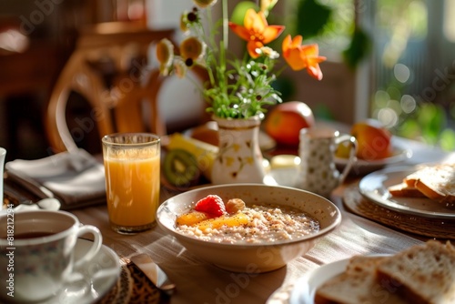 Bowl of oatmeal and fruit on a table. Morning porridge  food background 