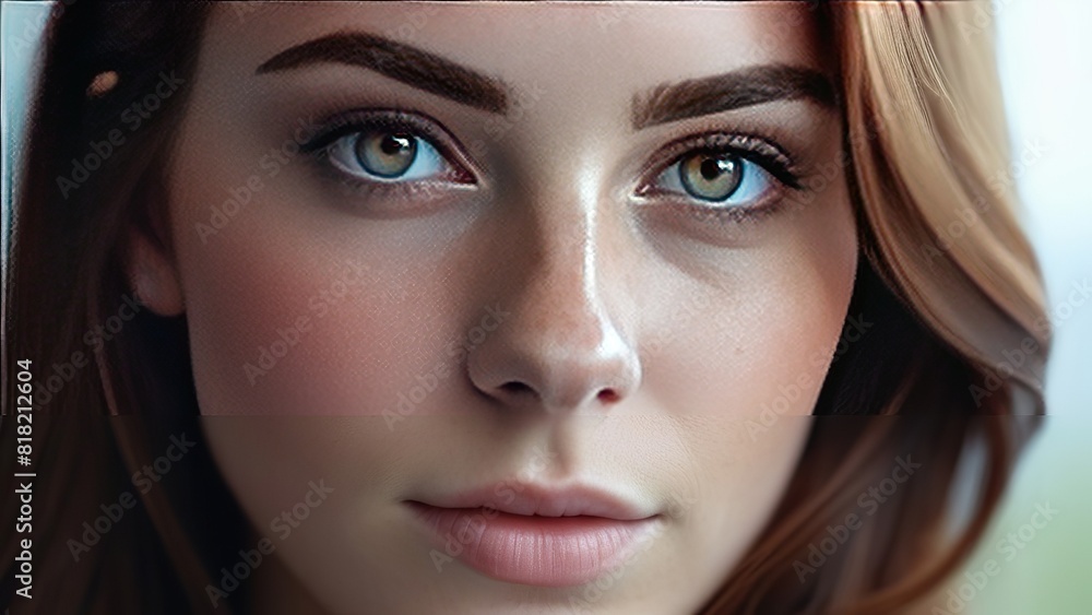 A close-up portrait of a young woman with long brown hair, blue eyes, and freckles. Her expression is calm and serene, and the softly blurred background enhances her natural beauty A close-up portrait of a young woman with long brown hair, blue eyes, and freckles. Her expression is calm and serene, and the softly blurred background enhances her natural beauty