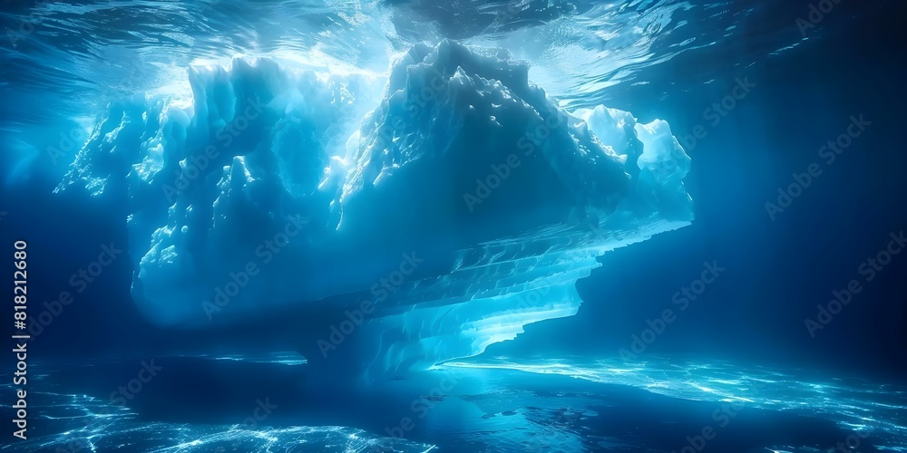Large white iceberg underwater melting due to global warming hidden danger. Concept Global Warming, Iceberg Melting, Environmental Impact, Climate Change, Underwater Ecosystems
