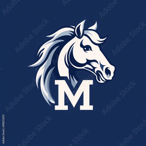 Horse head with letter M on blue background. Vector illustration.