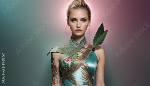 A striking portrait of a young woman in a satin dress, holding a green leaf, showcasing detailed floral tattoos on her arm.