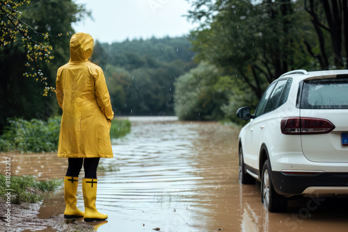 Woman standing next to her car on a  flooded country raod photo