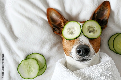 Jack russell terrier dog in wellness spa with cucumber on eyes, covered with a towel. Dog with with a piece of cucumber on it eyes relaxing on the bed at home. Top down view. Empty space for text