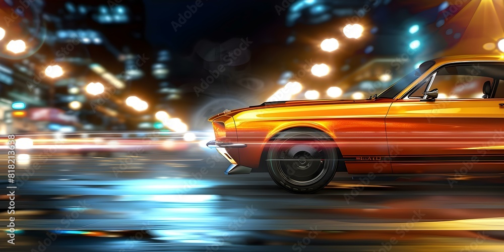 Digitally enhanced image of muscle car racing on city streets at night. Concept Car Racing, Night Scene, Urban Cityscape, Digital Editing, Muscle Car