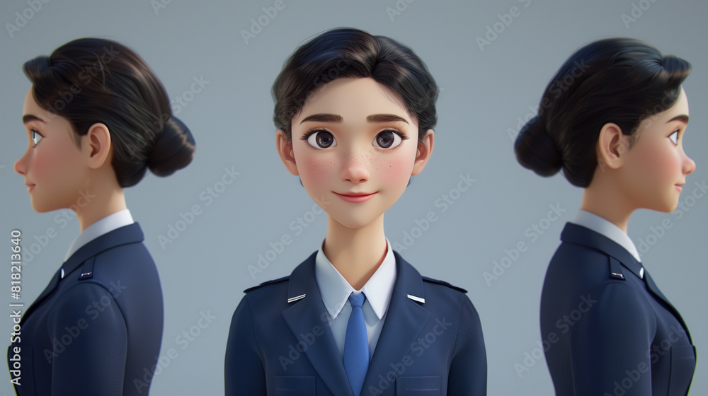 3d rendered illustration of an animated female stewardess character displayed in front, side, and threequarter views against a neutral backdrop