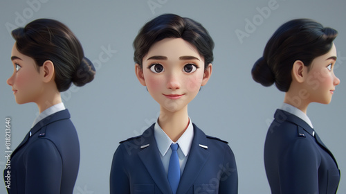 3d rendered illustration of an animated female stewardess character displayed in front, side, and threequarter views against a neutral backdrop photo