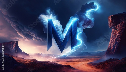 Digital composite of Lightning strikes with letter M against surreal landscape background 3d