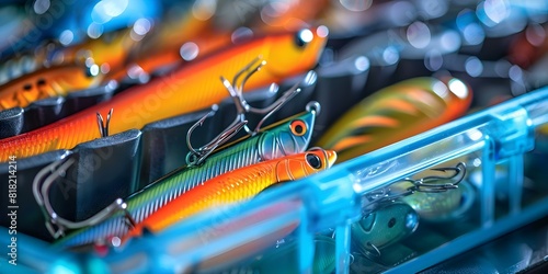 Closeup of organized fishing tackle box with colorful lures and accessories. Concept Fishing Tackle Organization, Colorful Lures, Accessories Display, Closeup Photography