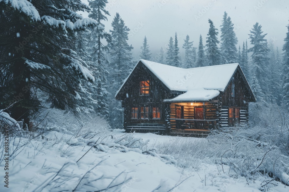 A peaceful cabin during snowfall, A cozy cabin nestled in the middle of a snowy forest, AI-generated A peaceful cabin during snowfall, A cozy cabin nestled in the middle of a snowy forest, AI-generated
