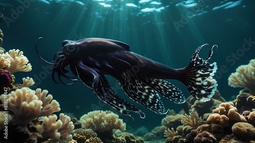 Black squid fish underwater surrounded by collars. Beauties of ocean. Aquatic life of sea creatures wildlife ocean