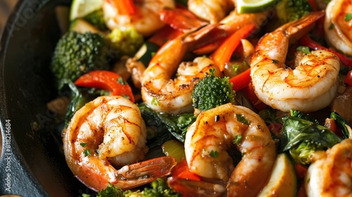 garlic basil fried shrimp with lime, healthy mouthwatering close up dish