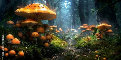 Large mushrooms in an enchanted forest created by AI generative art. Concept Enchanted Forest, Mushroom Art, AI Generative Art, Nature Photography, Fantasy Realm