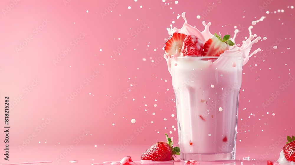 Strawberry-infused Pink Milk in a Glass with Fresh Berries on a Pink Background Strawberry-infused Pink Milk in a Glass with Fresh Berries on a Pink Background