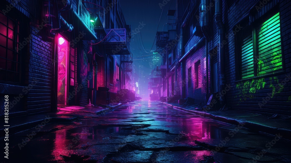 Luminous neon lights illuminating dark alley
