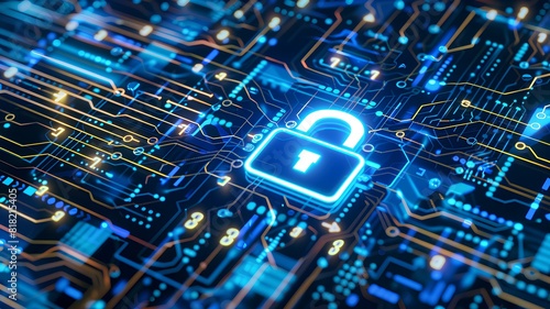 Lock on the circuit pattern Concept of data security cybersecurity encryption etc 