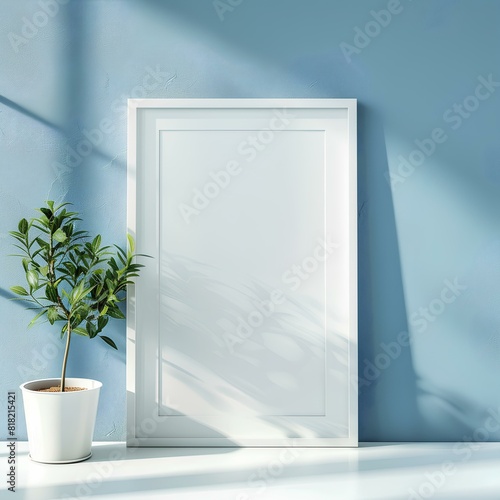 Wallpaper Mural White frame mockup blank on floor and light blue wallpaper with a potted tropical plant, copy space Torontodigital.ca
