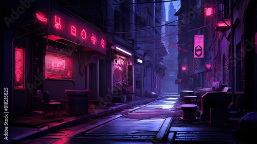 Luminous neon lights illuminating dark alley