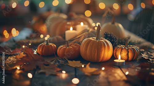 Happy Thanksgiving Day background, wooden table decorated with Pumpkins, Corncob, Candles and autumn leaves garland photo