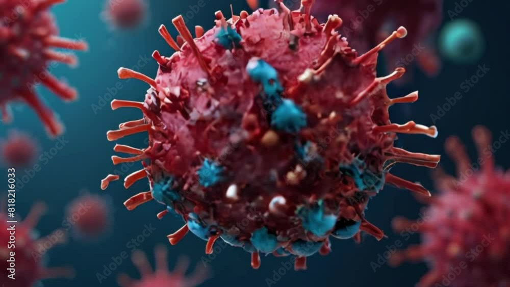 Microscopic View of a Virus with Spikes and Blue Particles Microscopic View of a Virus with Spikes and Blue Particles