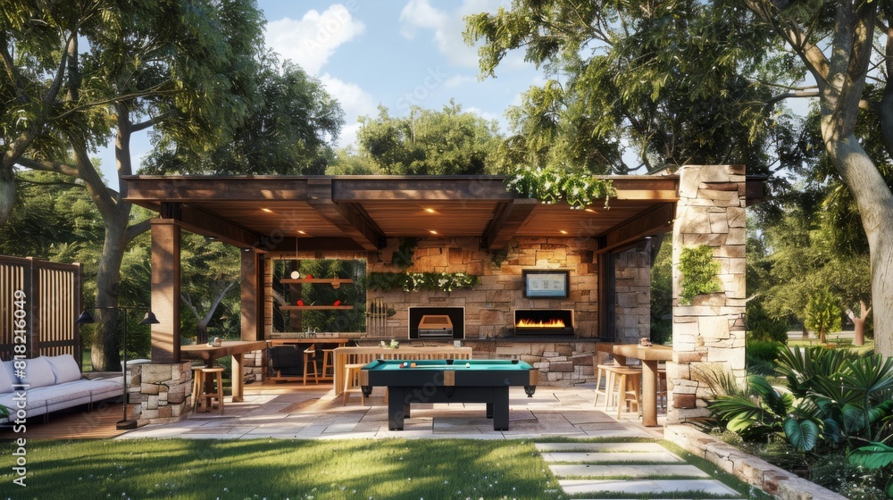A stylish outdoor entertainment area features a pool table under a wooden pavilion, surrounded by greenery and equipped with comfortable seating and a built-in bar, lit by natural daylight.