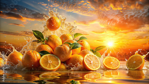 A cascade of ripe oranges tumbling into a pool of water, creating an explosion of citrusy freshness against a backdrop of a golden sunset and a serene sky photo