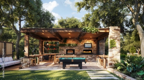 A stylish outdoor entertainment area features a pool table under a wooden pavilion, surrounded by greenery and equipped with comfortable seating and a built-in bar, lit by natural daylight. © Prostock-studio