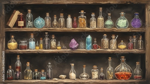 Illustration of occult magic magazine and shelf with various potions, bottles, poisons, crystals, salt. Alchemical medicine concept 