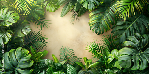 Lush green tropical leaves bordering a warm beige background  perfect for presentations  digital design  and summerthemed visual content