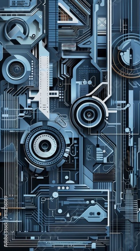 Complex 3D abstract background of blue mechanical designs, emphasizing futuristic technology and innovation