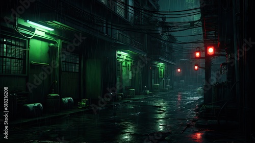 Luminous neon lights illuminating dark alley