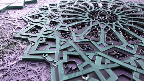 Fresh Mint and Black Islamic Tiles A fresh 3D realistic design of mint and black Islamic tiles, featuring intricate geometric patterns on a lavender background.