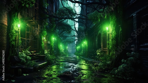 Luminous neon lights illuminating dark alley