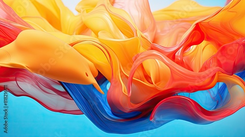 Macro shot of colorful ink swirling in water forming abstract wave shapes