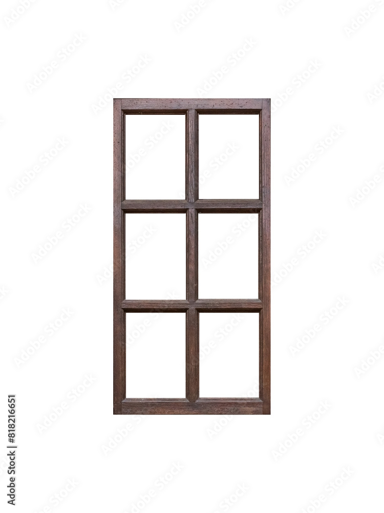 Old dark-colored brown wooden window frame with six sashes which are placed vertical, isolated on transparent background. Old dark-colored brown wooden window frame with six sashes which are placed vertical, isolated on transparent background.