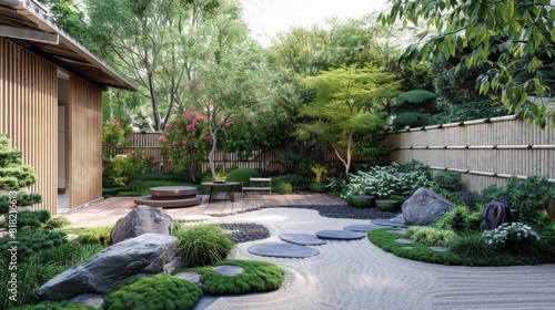 A Japanese garden with carefully arranged rocks and stones, creating a harmonious and structured landscape design.