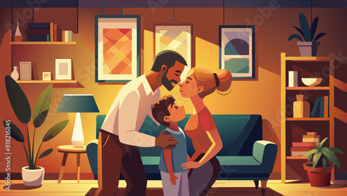 Warm Family Evening at Home: Parents and Child in Cozy Living Room. Vector illustration of World Kissing Day