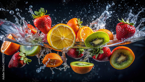 A collection of sliced fruits  such as kiwi  oranges  and strawberries  dropping into water with a satisfying splash  creating a vivid contrast against a dark  mysterious backdrop