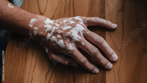 close-up of hand with vitiligo skin condition, on a table photo