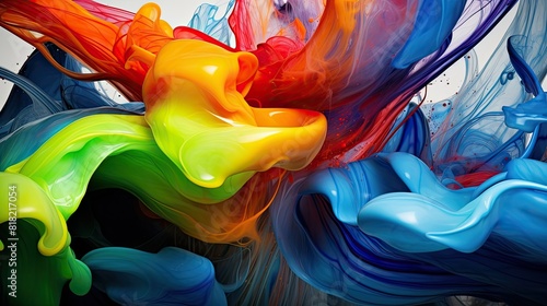 Macro shot of colorful ink swirling in water forming abstract wave shapes