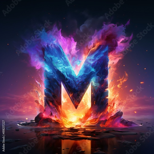 Burning letter M in the form of a colorful explosion on a dark background photo