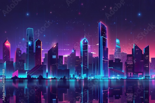 futuristic city skyline at night neon cyberpunk vector graphics