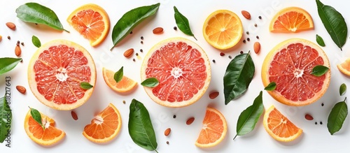 slice of ripe grapefruit and leaves isolated on white background