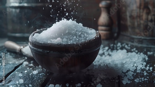 Salt in salt cellar with spilt salt, warning health risk, photo